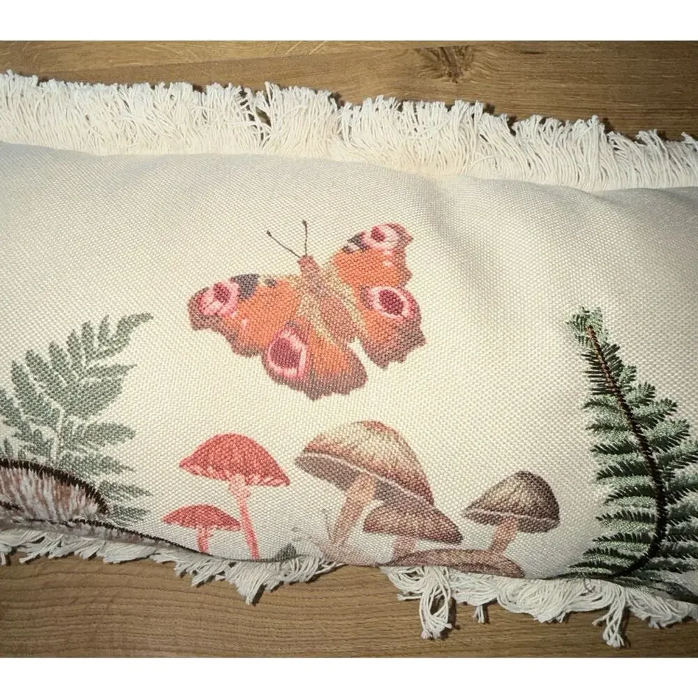 Whimsical Ivory Embroidered Mushroom Butterfly Lumbar Pillow 35x9”